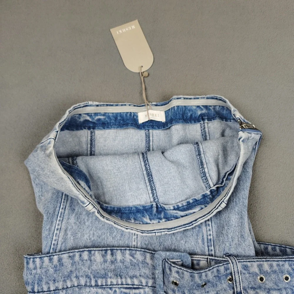 Meshki Mini Dress Medium Strapless Pleated Blue Denim Belted Flirty Festival New